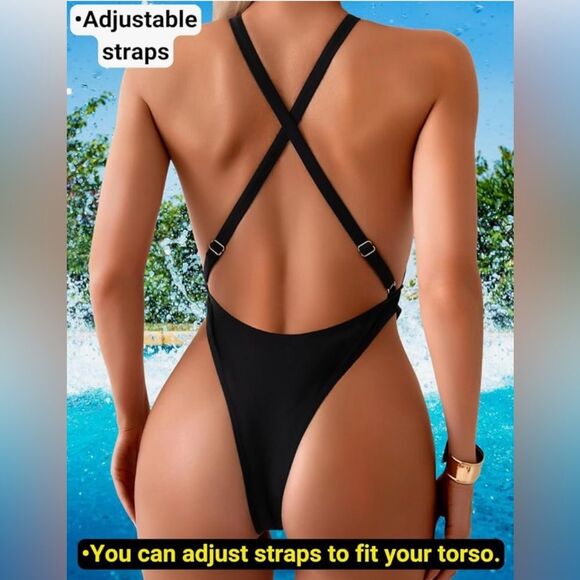 Kaei&Shi One Piece Swimsuit Women Cut Out Criss Cross Thong Monokini Black M - Picture 4 of 10